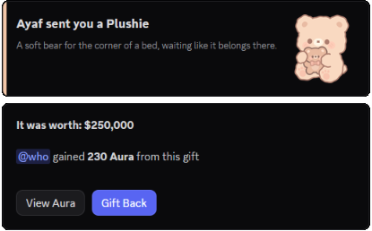 Gift receipt awarding Aura for sending a plushie