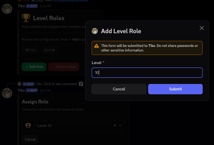 Tiko's Auto Level Roles panel for assigning roles at specific levels