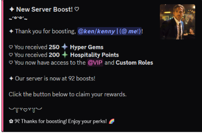 Personalized server booster message with custom rewards