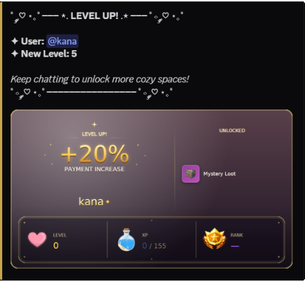 Personalized level-up message with custom rewards and styling
