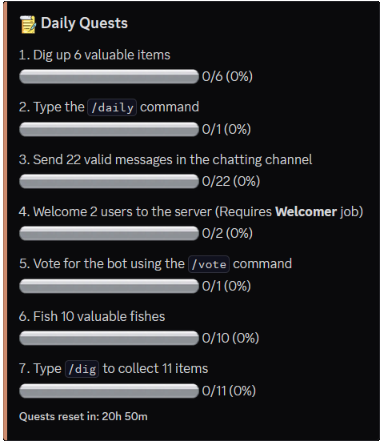 Daily quests card showing progress toward server activities
